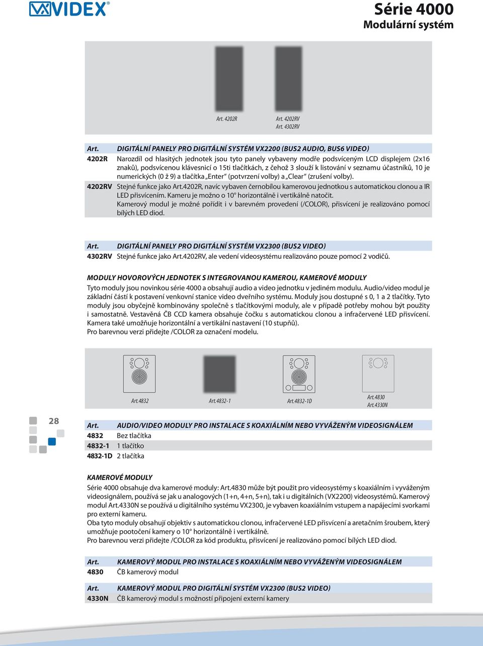 4202RV Stejné funkce jako 4202R, navíc vybaven černobílou kamerovou jednotkou s automatickou clonou a IR LED přisvícením. Kameru je možno o 10 horizontálně i vertikálně natočit.