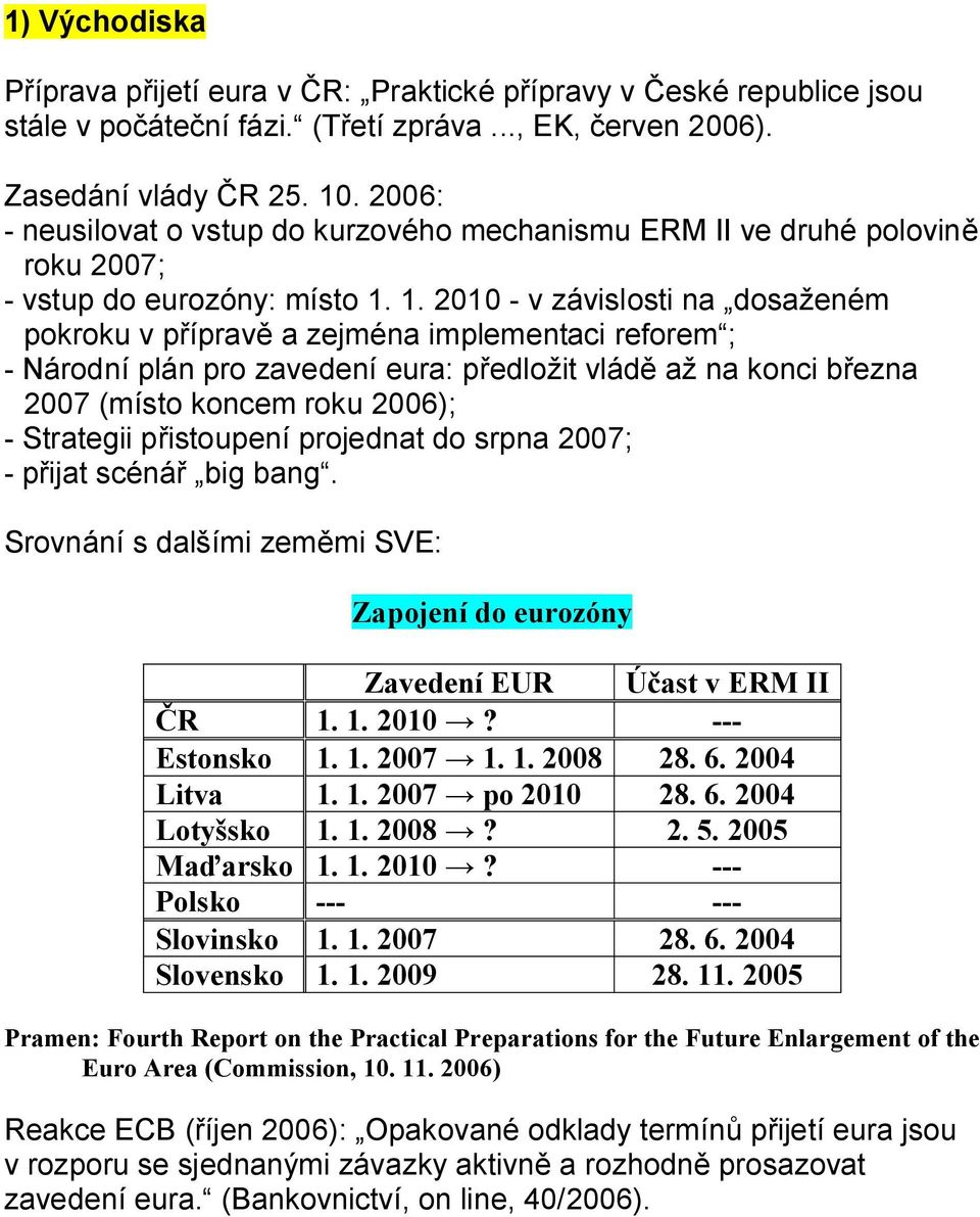 1. 2010 - v závislosti na dosaženém pokroku v přípravě a zejména implementaci reforem ; - Národní plán pro zavedení eura: předložit vládě až na konci března 2007 (místo koncem roku 2006); - Strategii