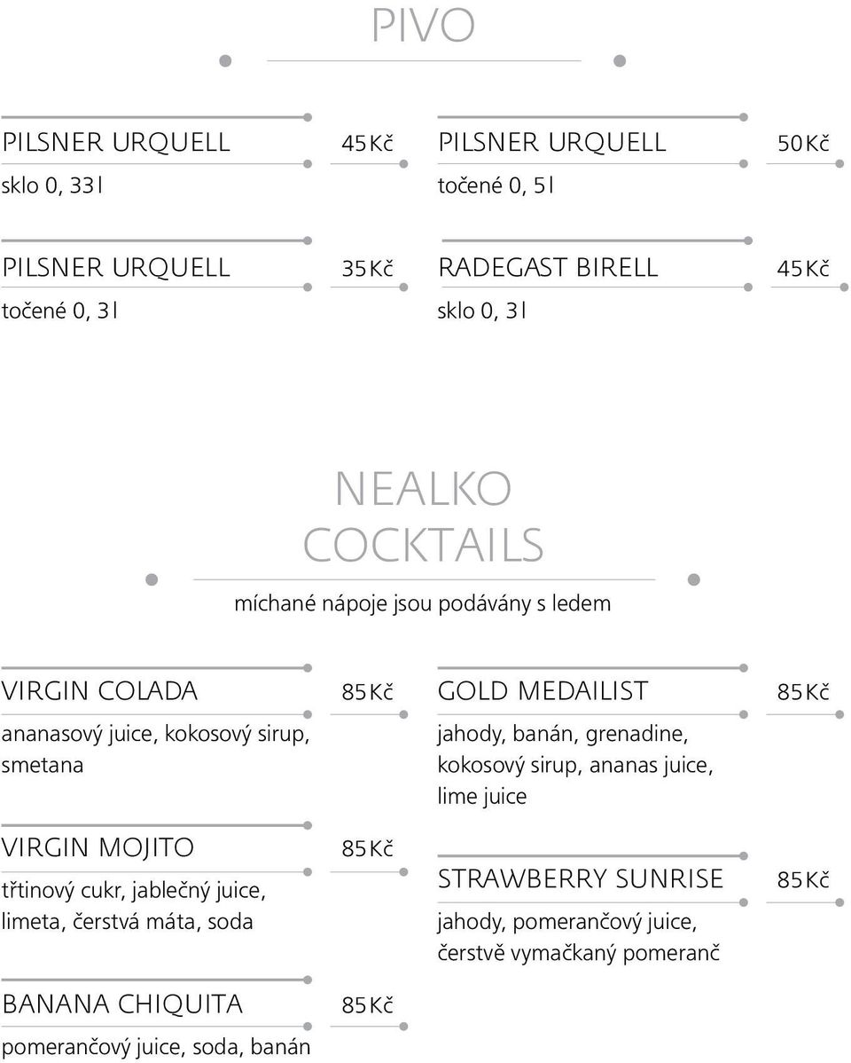 jahody, banán, grenadine, kokosový sirup, ananas juice, lime juice virgin mojito třtinový cukr, jablečný juice, limeta, čerstvá máta,