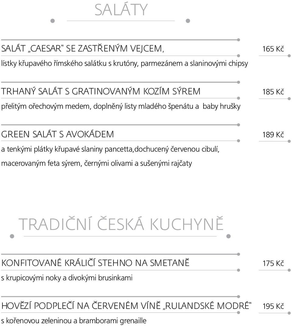 pancetta,dochucený červenou cibulí, macerovaným feta sýrem, černými olivami a sušenými rajčaty 189 Kč Tradiční česká kuchyně Konfitované králičí stehno