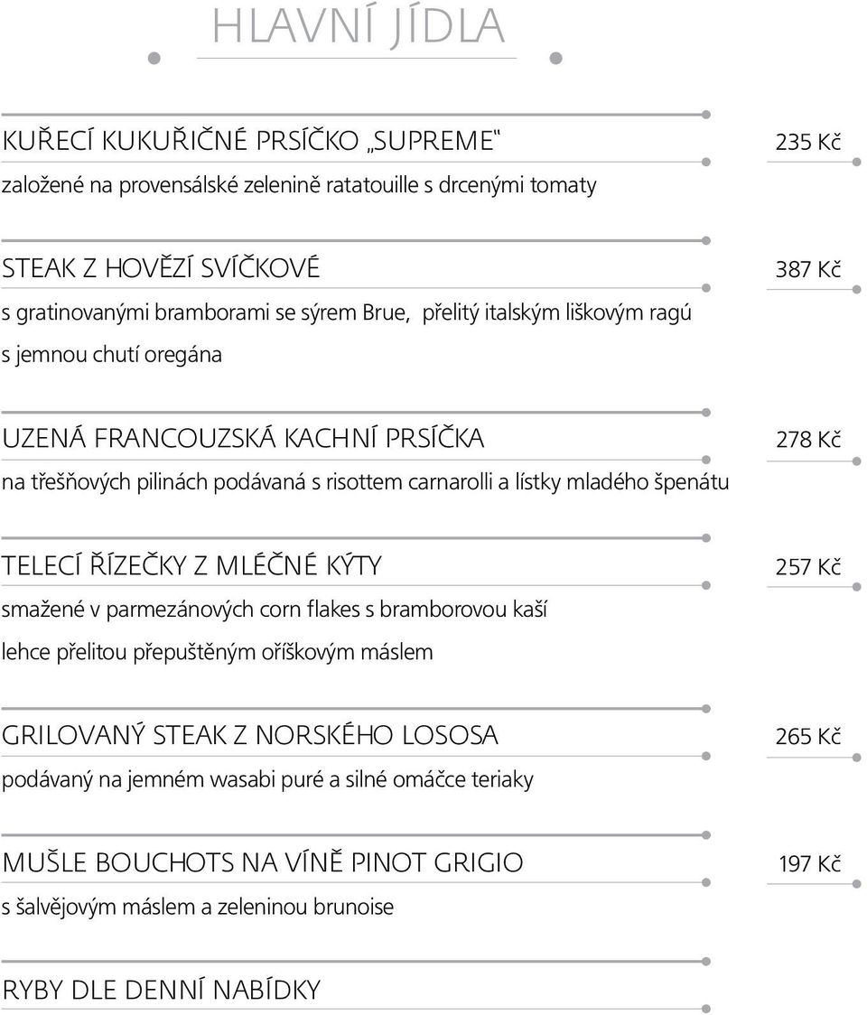 mladého špenátu 278 Kč Telecí řízečky z mléčné kýty smažené v parmezánových corn flakes s bramborovou kaší lehce přelitou přepuštěným oříškovým máslem 257 Kč Grilovaný steak