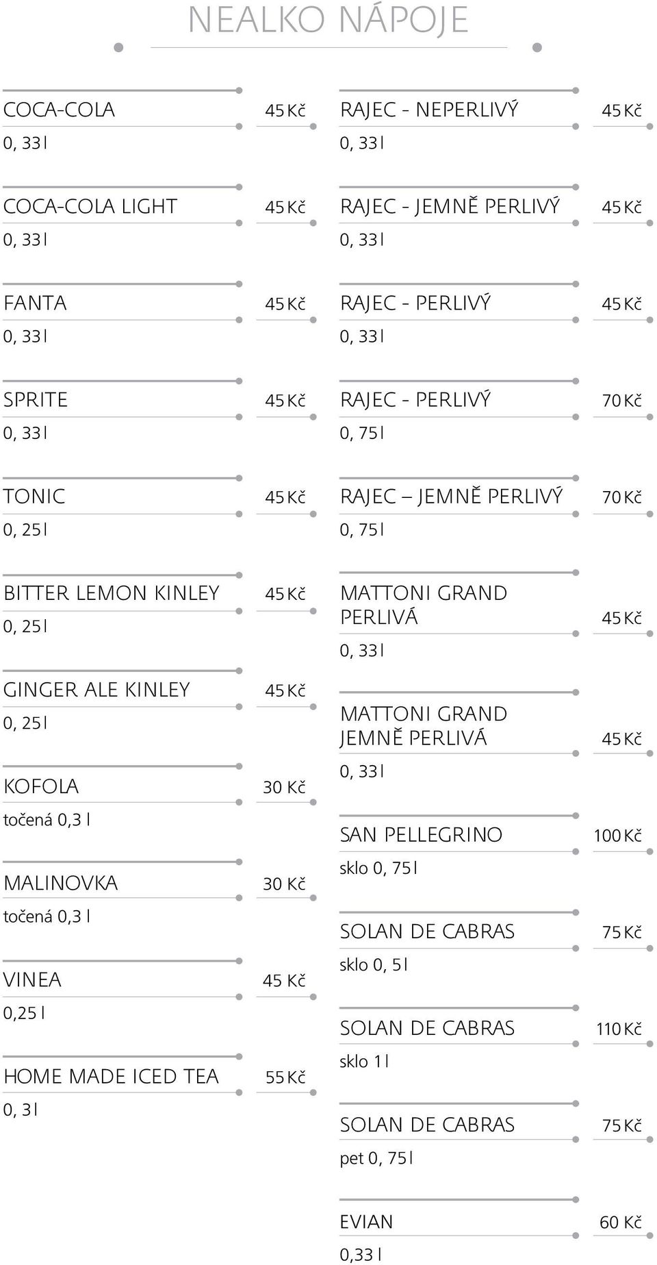 jemně perlivá Kofola 30 Kč točená 0,3 l San Pellegrino 100 Kč Malinovka 30 Kč sklo 0, 75 l točená 0,3 l Solan de Cabras 75 Kč Vinea