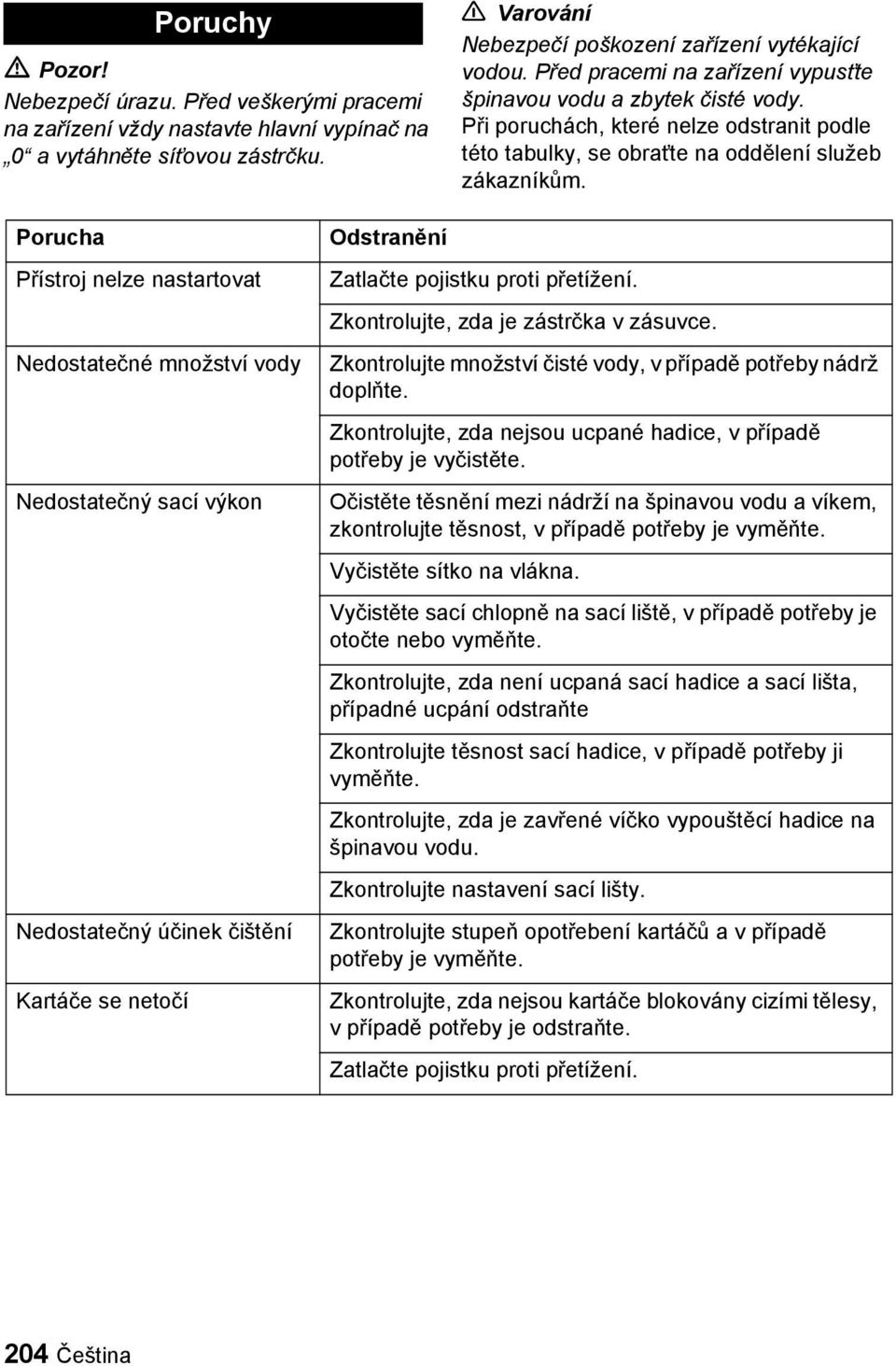 Porucha Přístroj nelze nastartovat Nedostatečné množství vody Nedostatečný sací výkon Nedostatečný účinek čištění Kartáče se netočí Odstranění Zatlačte pojistku proti přetížení.