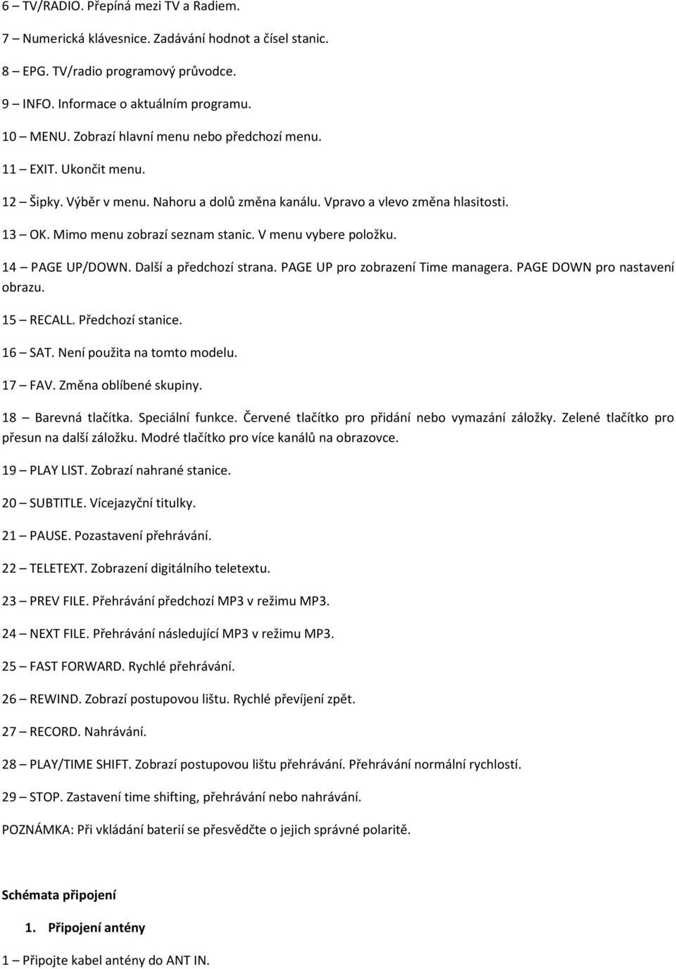 V menu vybere položku. 14 PAGE UP/DOWN. Další a předchozí strana. PAGE UP pro zobrazení Time managera. PAGE DOWN pro nastavení obrazu. 15 RECALL. Předchozí stanice. 16 SAT.