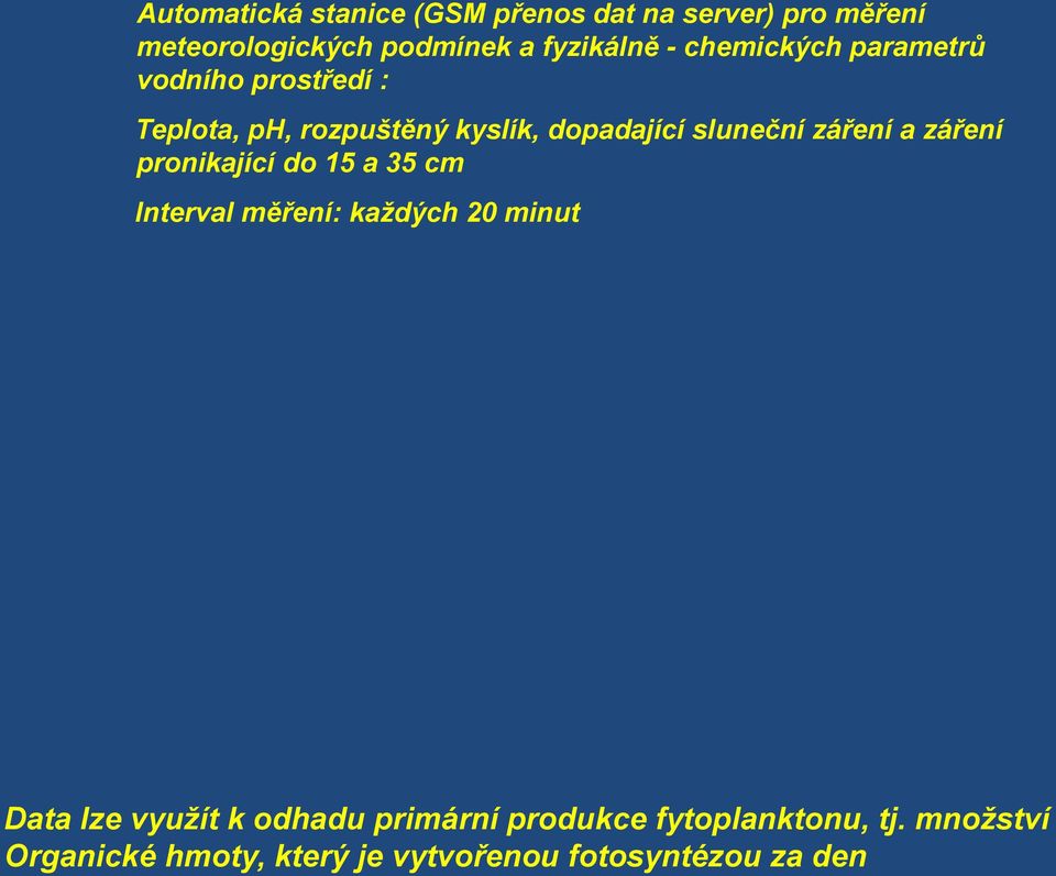 záření a záření pronikající do 15 a 35 cm Interval měření: každých 20 minut Data lze využít k