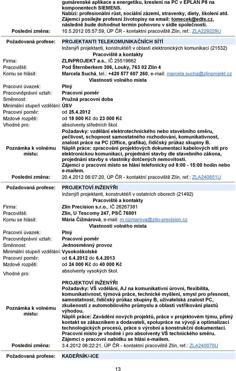 : ZLA229229U Požadovaná profese: PROJEKTANTI TELEKOMUNIKAČNÍCH SÍTÍ Inženýři projektanti, konstruktéři v oblasti elektronických komunikací (21532) ZLINPROJEKT a.s., IČ 25519662 Pod Šternberkem 306, Louky, 763 02 Zlín 4 Marcela Suchá, tel.