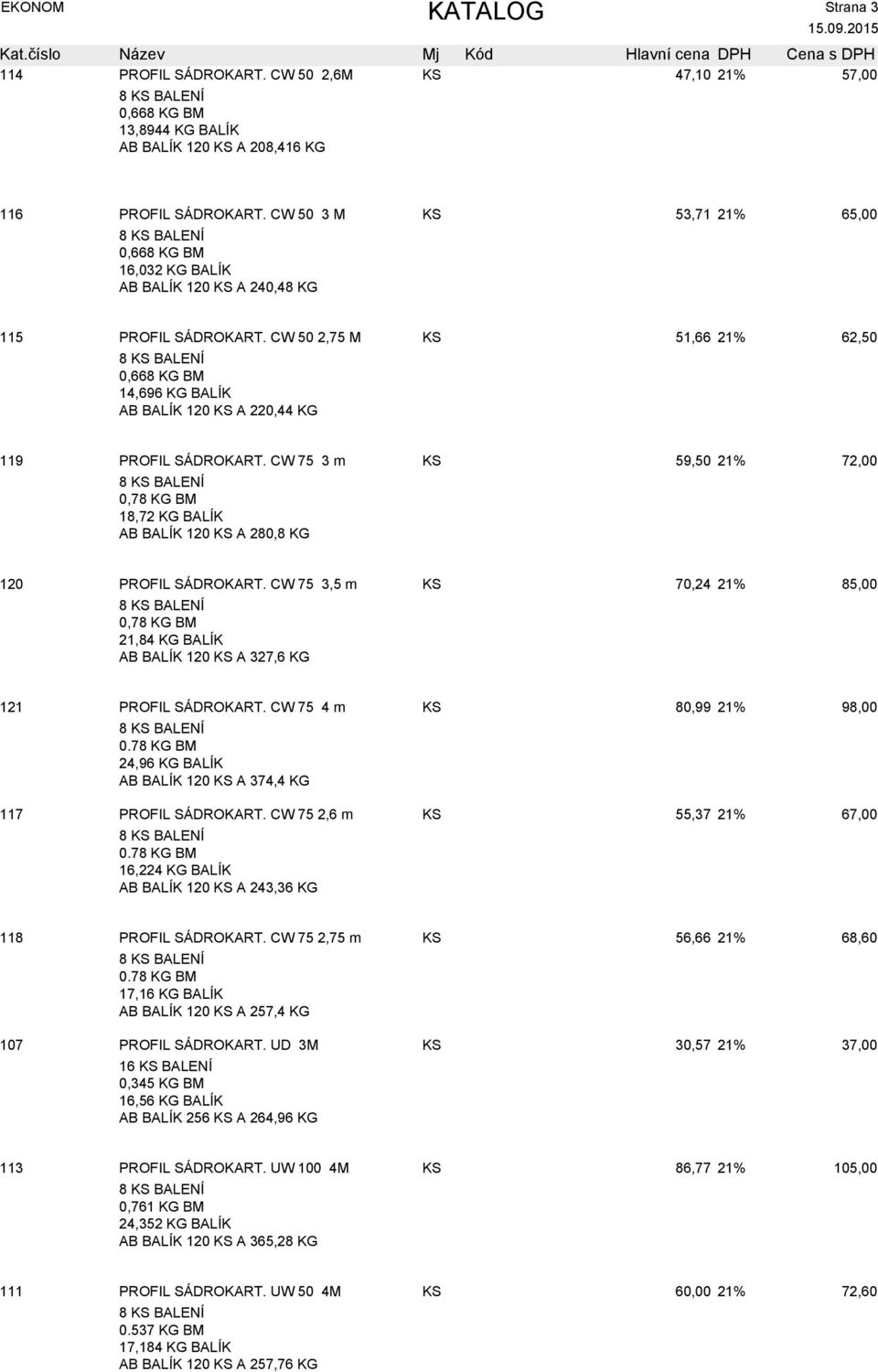 CW 75 3 m KS 59,50 21% 7 0,78 KG BM 18,72 KG BALÍK AB BALÍK 120 KS A 280,8 KG 120 PROFIL SÁDROKART.