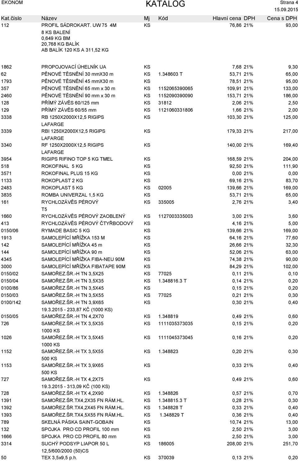 128 PŘÍMÝ ZÁVĚS 60/125 mm KS 31812 2,06 21% 2,50 129 PŘÍMÝ ZÁVĚS 60/55 mm KS 1121060331806 1,66 21% 3338 RB 1250X2000X12,5 RIGIPS KS 103,30 21% 125,00 3339 RBI 1250X2000X12,5 RIGIPS KS 179,33 21%