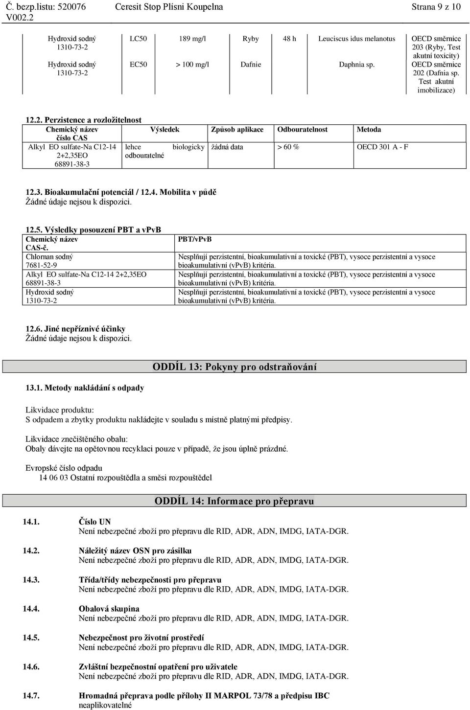 3. Bioakumulační potenciál / 12.4. Mobilita v půdě Žádné údaje nejsou k dispozici. 12.5. Výsledky posouzení PBT a vpvb CAS-č.