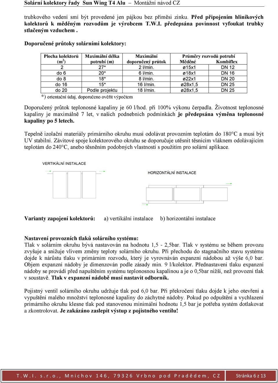 ø15x1 DN 12 do 6 20* 6 l/min. ø18x1 DN 16 do 8 18* 8 l/min. ø22x1 DN 20 do 16 15* 16 l/min. ø28x1,5 DN 25 do 20 Podle projektu 18 l/min.