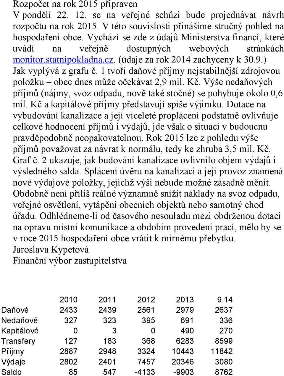 1 tvoří daňové příjmy nejstabilnější zdrojovou položku obec dnes může očekávat 2,9 mil. Kč. Výše nedaňových příjmů (nájmy, svoz odpadu, nově také stočné) se pohybuje okolo 0,6 mil.