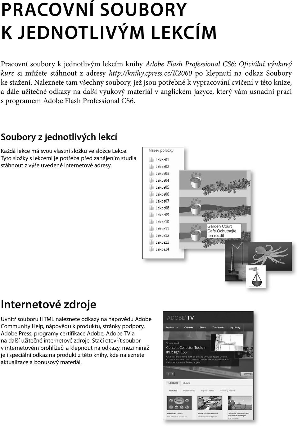 Naleznete tam všechny soubory, jež jsou potřebné k vypracování cvičení v této knize, a dále užitečné odkazy na další výukový materiál v anglickém jazyce, který vám usnadní práci s programem Adobe