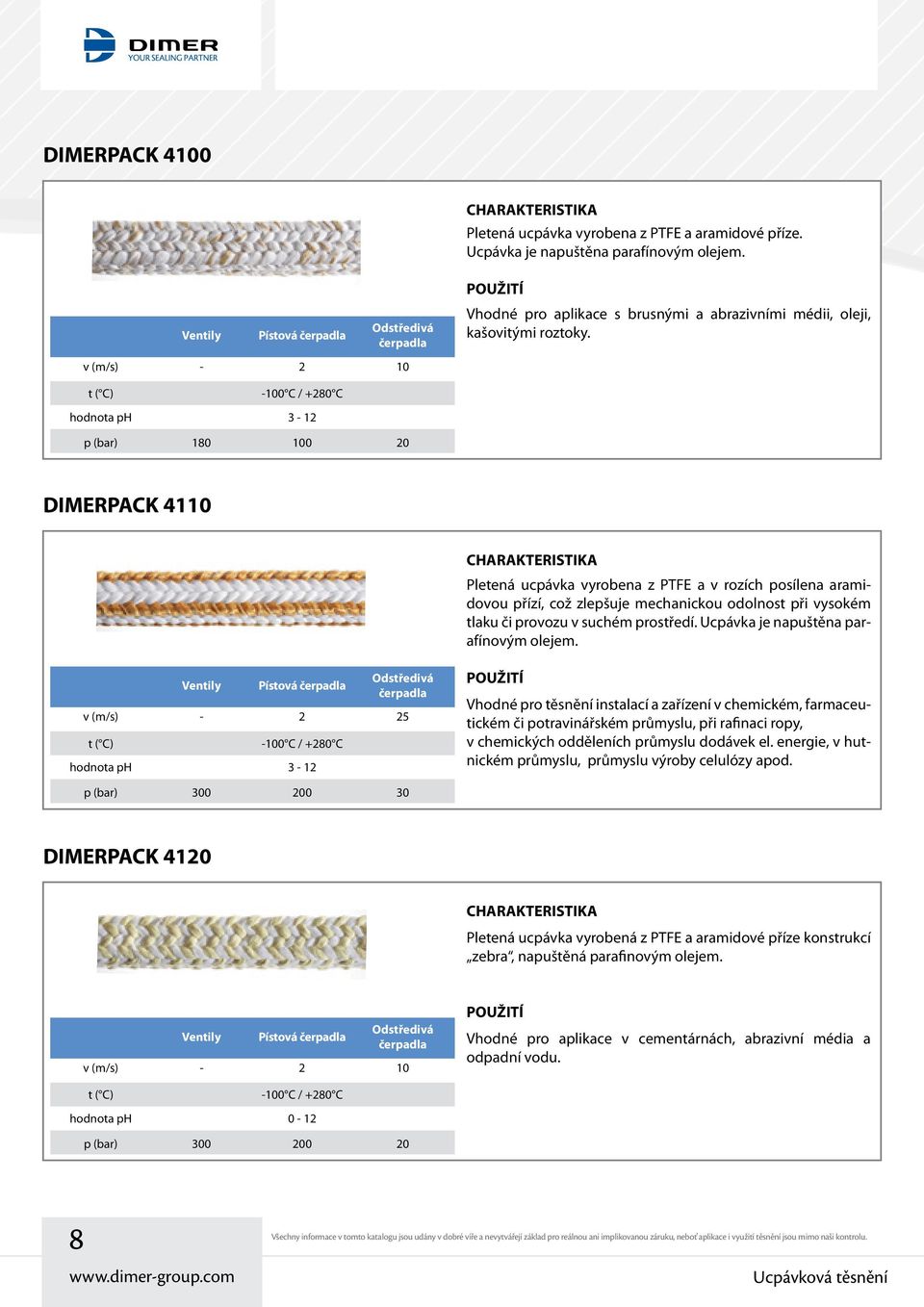 hodnota ph 3-12 p (bar) 180 100 20 DIMERPACK 4110 Pletená ucpávka vyrobena z PTFE a v rozích posílena aramidovou přízí, což zlepšuje mechanickou odolnost při vysokém tlaku či provozu v suchém