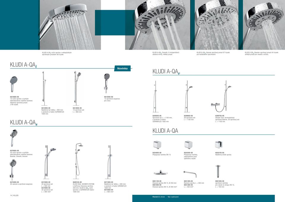 KLUDI A-QA i Novinka KLUDI A-QA v 6610005-00 1S ruční sprcha s rychlým odstraňováním vodního kamene: objemný sprchový proud z 90 trysek 6615005-00 1S sprchová souprava pro vanu KLUDI A-QA s