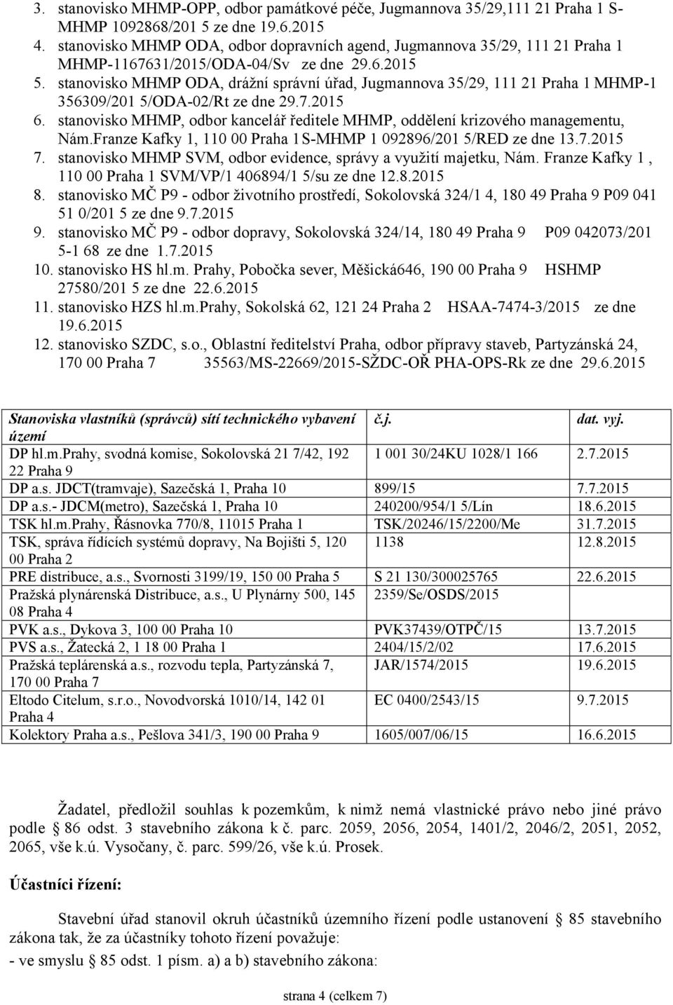 stanovisko MHMP ODA, drážní správní úřad, Jugmannova 35/29, 111 21 Praha 1 MHMP-1 356309/201 5/ODA-02/Rt ze dne 29.7.2015 6.
