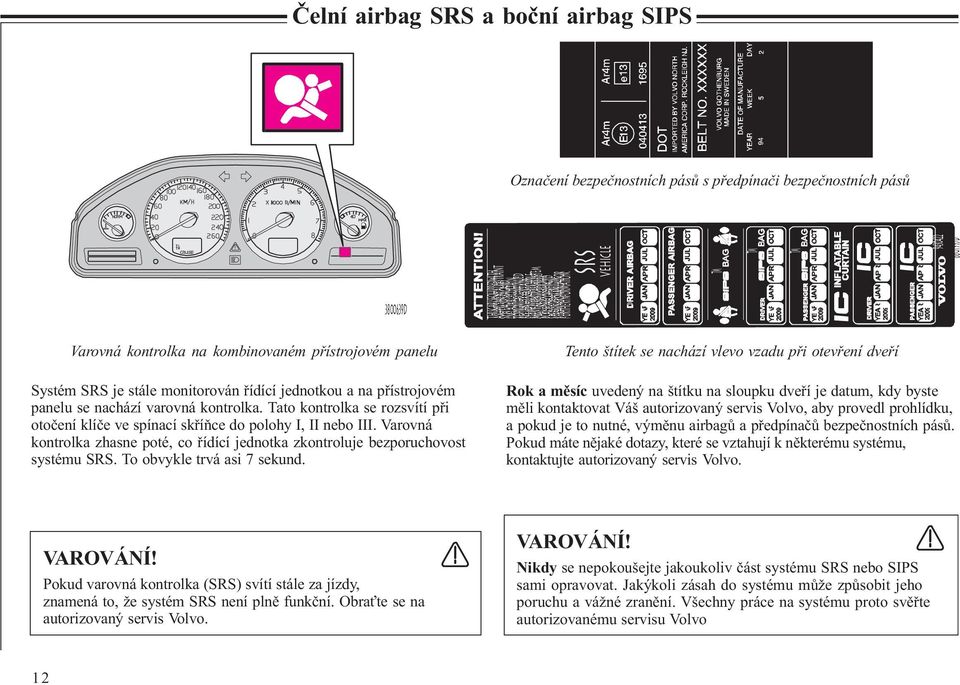 PLACEDACCORDINGTO SHALLBESERVICEDORRE- MENTALRESTRAINTSYSTEM ELEMENTSOFTHESUPPLE- RELIABILITY,CERTAIN TOPROVIDECONTINUED INFLATABLECURTAIN, SRS VEHICLE TM TM TM 9430422 8801995d Varovná kontrolka na