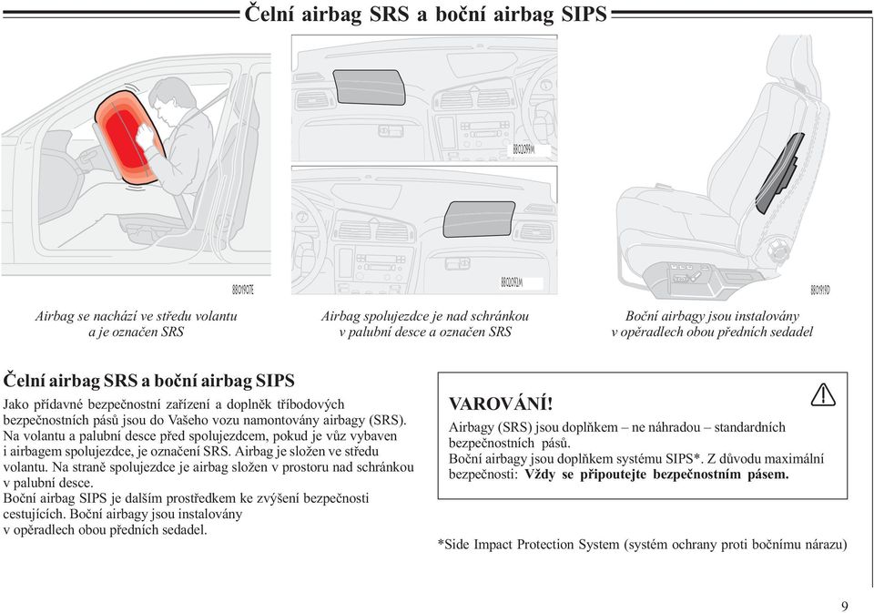 namontovány airbagy (SRS). Na volantu a palubní desce pøed spolujezdcem, pokud je vùz vybaven i airbagem spolujezdce, je oznaèení SRS. Airbag je složen ve støedu volantu.