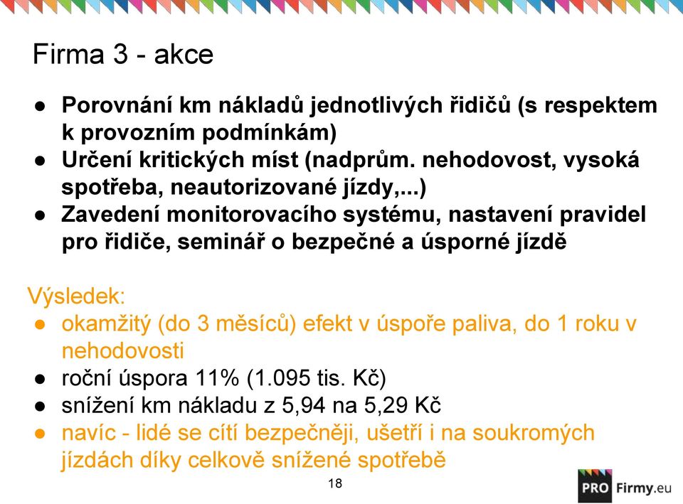 ..) Zavedení monitorovacího systému, nastavení pravidel pro řidiče, seminář o bezpečné a úsporné jízdě Výsledek: okamžitý (do 3