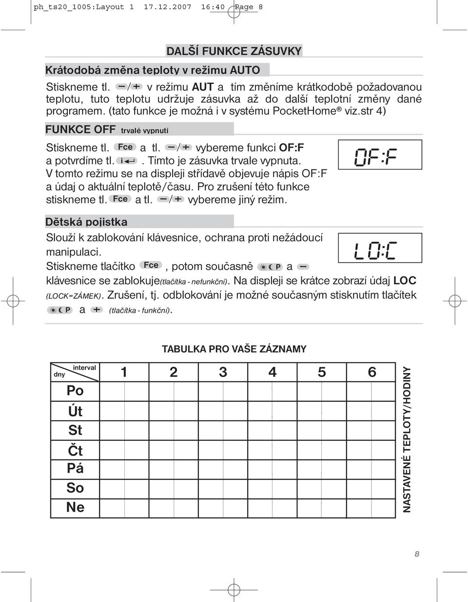 str 4) FUNKCE OFF trvalé vypnutí Stiskneme tl. Fce a tl. vybereme funkci OF:F a potvrdíme tl. i. Tímto je zásuvka trvale vypnuta.