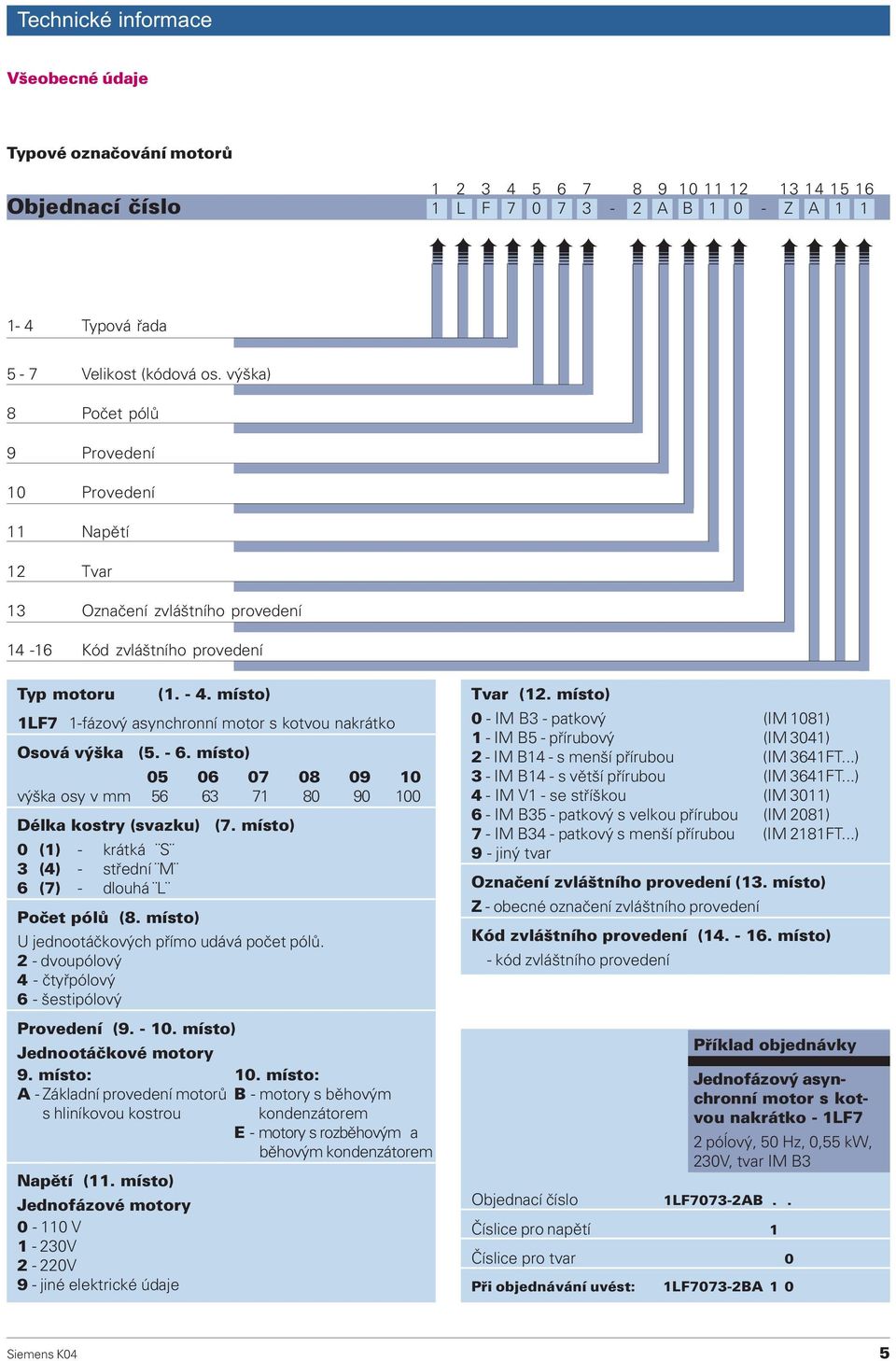 místo) 1LF7 1-fázový asynchronní motor s kotvou nakrátko Osová výška (5. - 6. místo) 05 06 07 08 09 10 výška osy v mm 56 63 71 80 90 100 Délka kostry (svazku) (7.