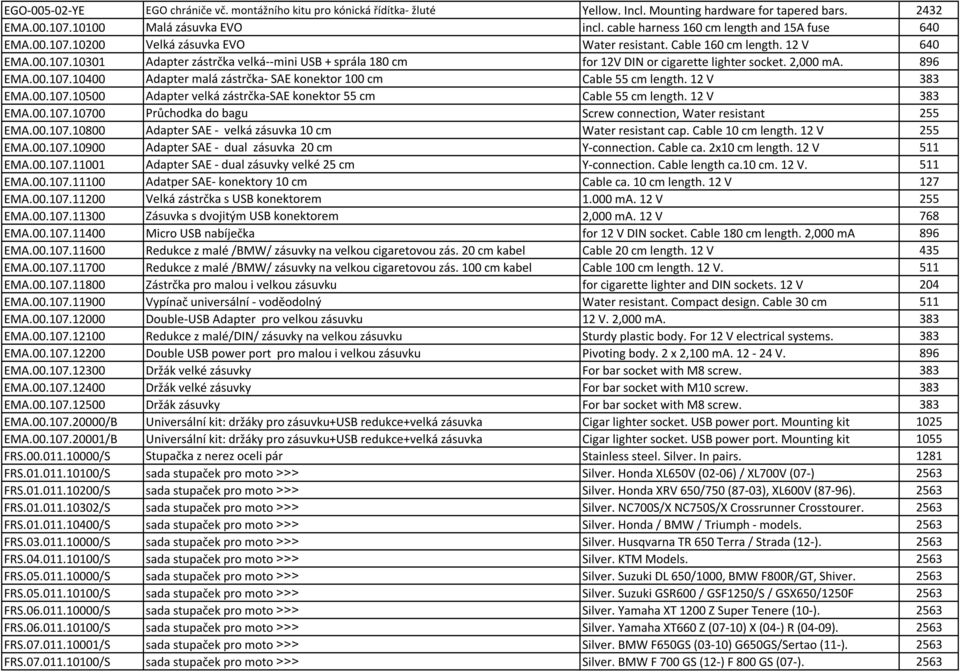 2,000 ma. 896 EMA.00.107.10400 Adapter malá zástrčka- SAE konektor 100 cm Cable 55 cm length. 12 V 383 EMA.00.107.10500 Adapter velká zástrčka-sae konektor 55 cm Cable 55 cm length. 12 V 383 EMA.00.107.10700 Průchodka do bagu Screw connection, Water resistant 255 EMA.