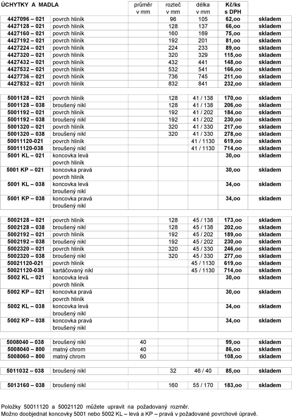 povrch hliník 532 541 166,oo skladem 4427736 021 povrch hliník 736 745 211,oo skladem 4427832 021 povrch hliník 832 841 232,oo skladem 5001128 021 povrch hliník 128 41 / 138 170,oo skladem 5001128