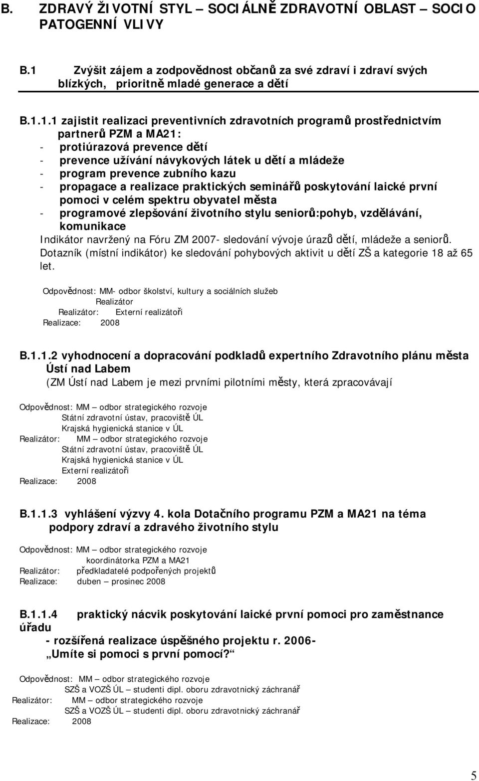 1.1 zajistit realizaci preventivních zdravotních programů prostřednictvím partnerů PZM a MA21: - protiúrazová prevence dětí - prevence užívání návykových látek u dětí a mládeže - program prevence