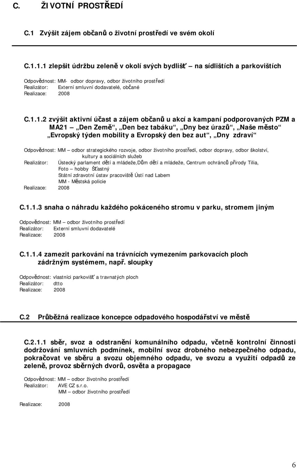 1.1 zlepšit údržbu zeleně v okolí svých bydlišť na sídlištích a parkovištích Odpovědnost: MM- odbor dopravy, odbor životního prostředí Realizátor: Externí smluvní dodavatelé, občané C.1.1.2 zvýšit