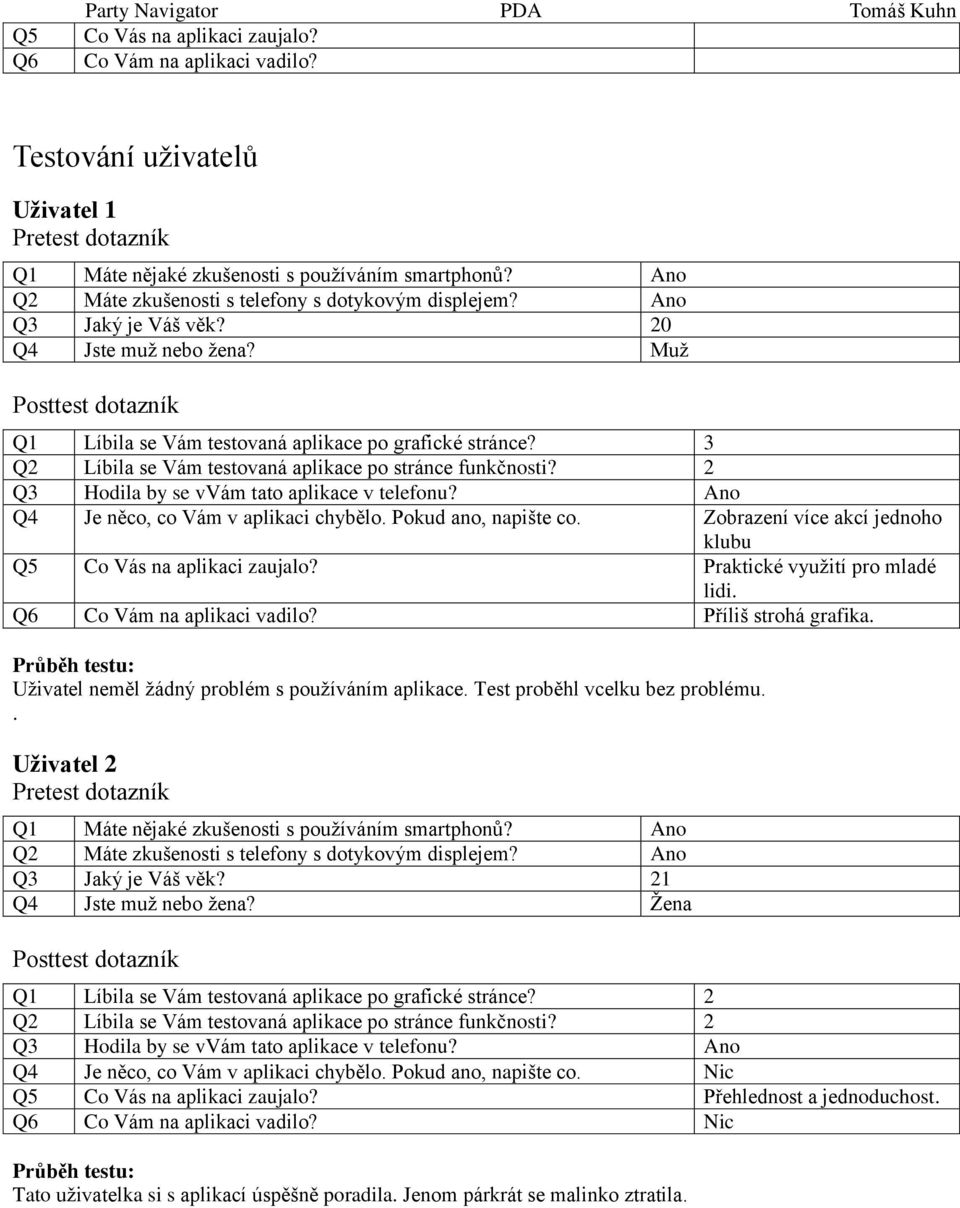 3 Q2 Líbila se Vám testovaná aplikace po stránce funkčnosti? 2 Q3 Hodila by se vvám tato aplikace v telefonu? Ano Q4 Je něco, co Vám v aplikaci chybělo. Pokud ano, napište co.