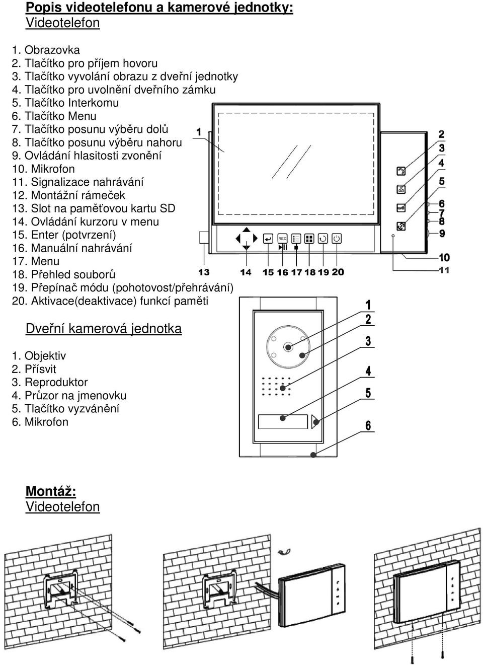 Mikrofon 11. Signalizace nahrávání 12. Montážní rámeček 13. Slot na paměťovou kartu SD 14. Ovládání kurzoru v menu 15. Enter (potvrzení) 16. Manuální nahrávání 17. Menu 18.