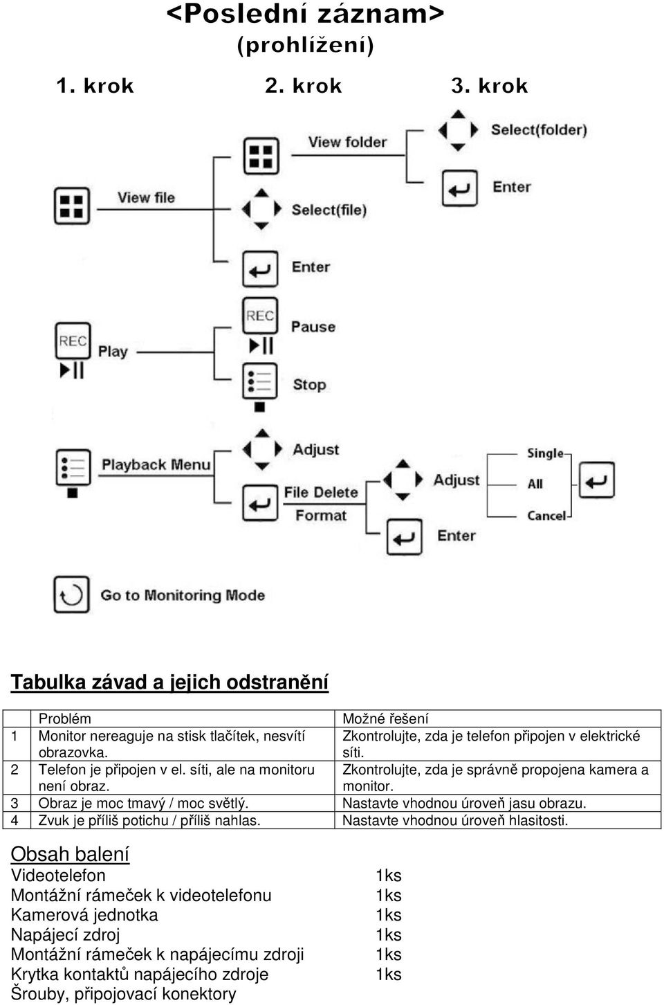 Zkontrolujte, zda je správně propojena kamera a monitor. 3 Obraz je moc tmavý / moc světlý. Nastavte vhodnou úroveň jasu obrazu.