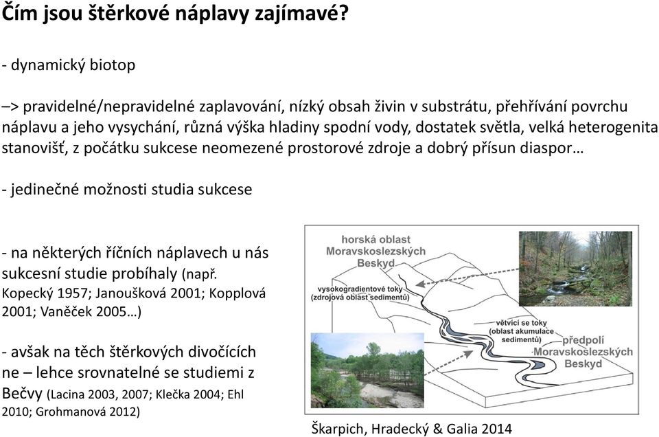 vody, dostatek světla, velká heterogenita stanovišť, z počátku sukcese neomezené prostorové zdroje a dobrý přísun diaspor - jedinečné možnosti studia sukcese - na