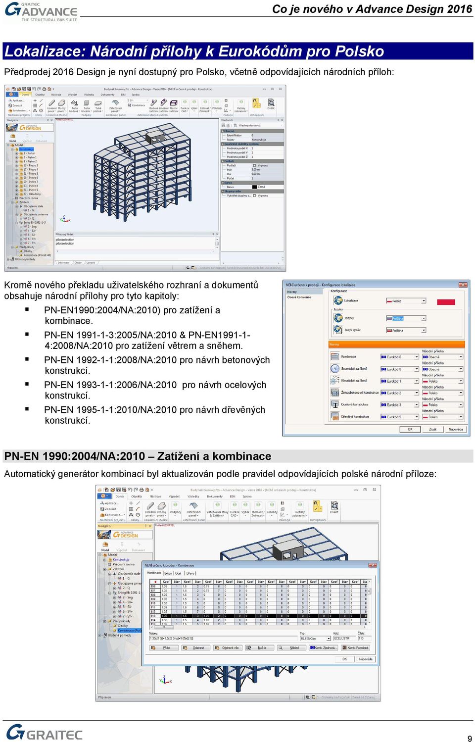 PN-EN 1991-1-3:2005/NA:2010 & PN-EN1991-1- 4:2008/NA:2010 pro zatížení větrem a sněhem. PN-EN 1992-1-1:2008/NA:2010 pro návrh betonových konstrukcí.