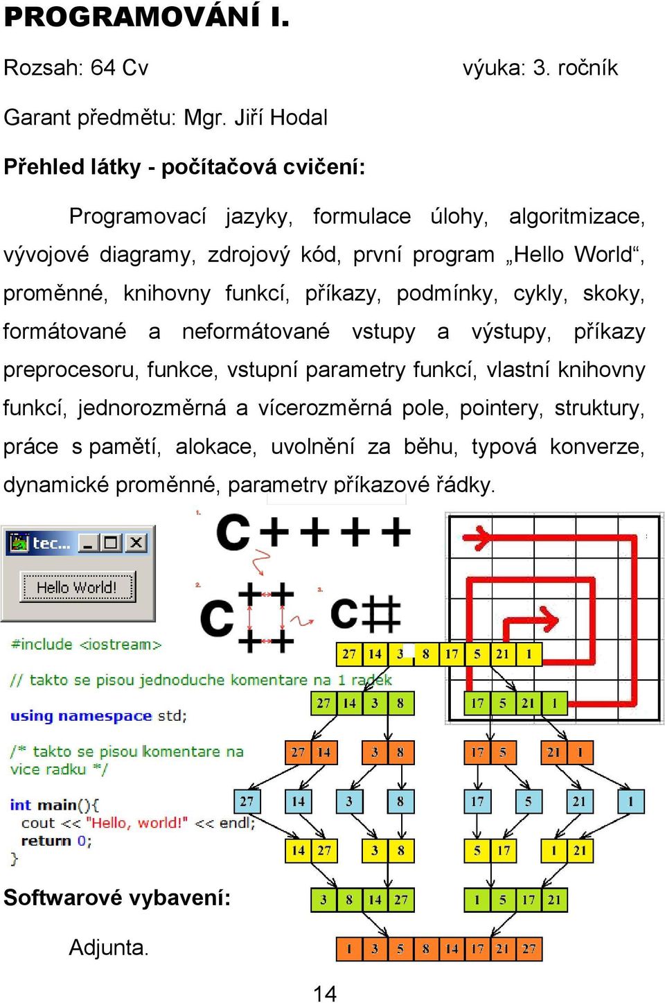 World, proměnné, knihovny funkcí, příkazy, podmínky, cykly, skoky, formátované a neformátované vstupy a výstupy, příkazy preprocesoru, funkce, vstupní