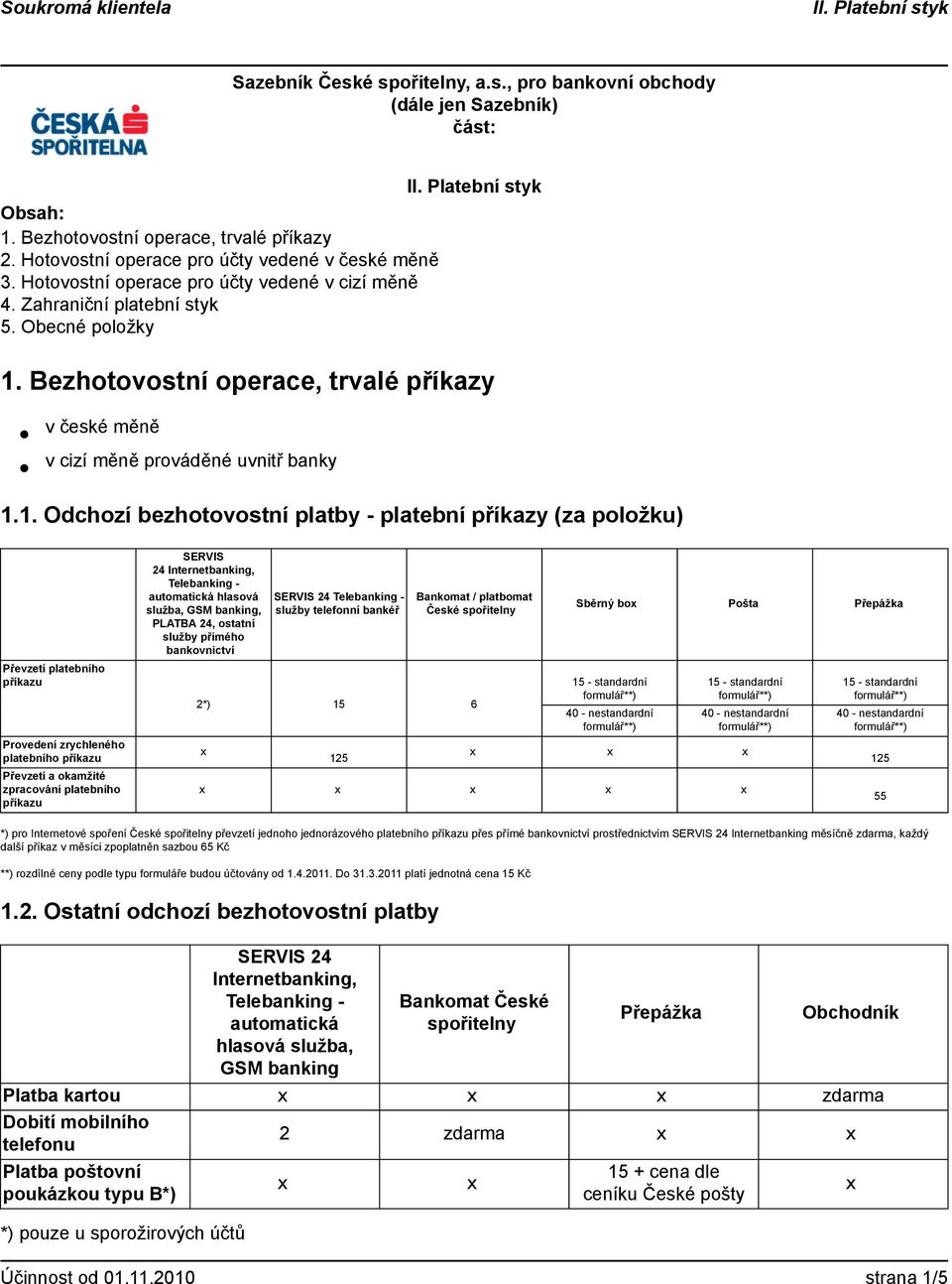 Bezhotovostní operace, trvalé příkazy v české měně v cizí měně prováděné uvnitř banky 1.