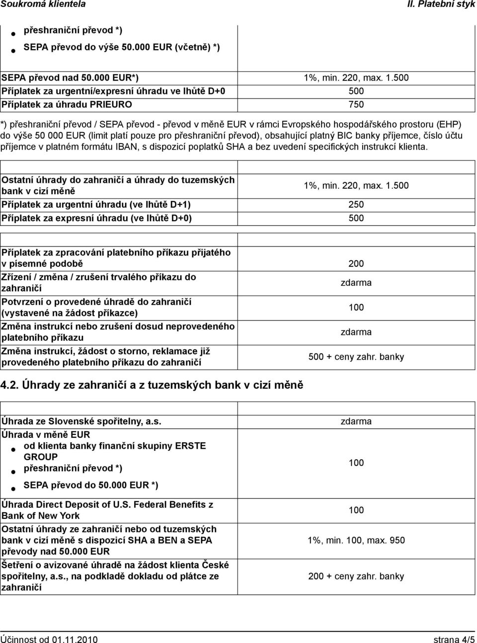 500 Příplatek za urgentní/epresní úhradu ve lhůtě D+0 500 Příplatek za úhradu PRIEURO 750 *) přeshraniční převod / SEPA převod - převod v měně EUR v rámci Evropského hospodářského prostoru (EHP) do