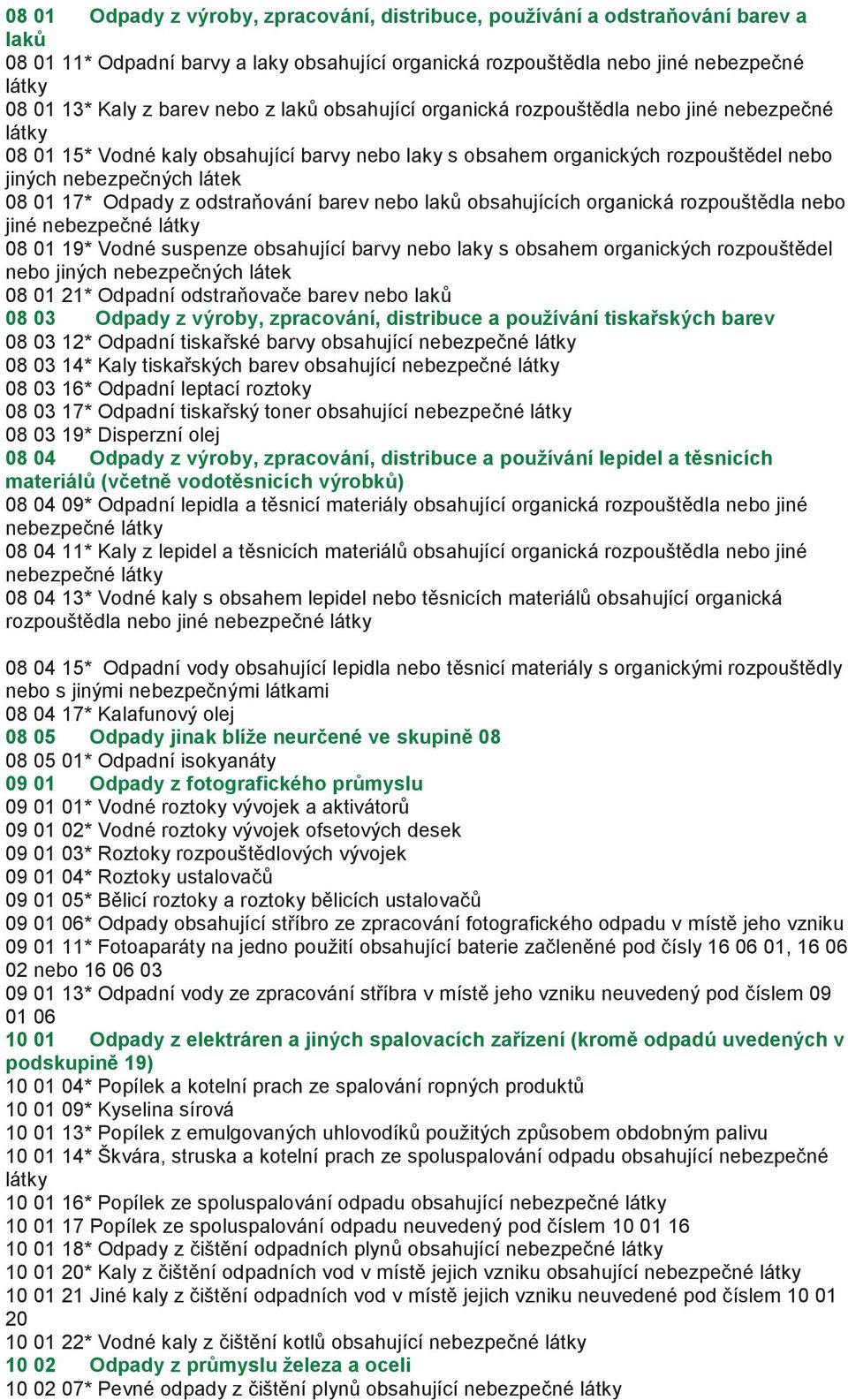 odstraňování barev nebo laků obsahujících organická rozpouštědla nebo jiné 08 01 19* Vodné suspenze obsahující barvy nebo laky s obsahem organických rozpouštědel nebo jiných nebezpečných látek 08 01