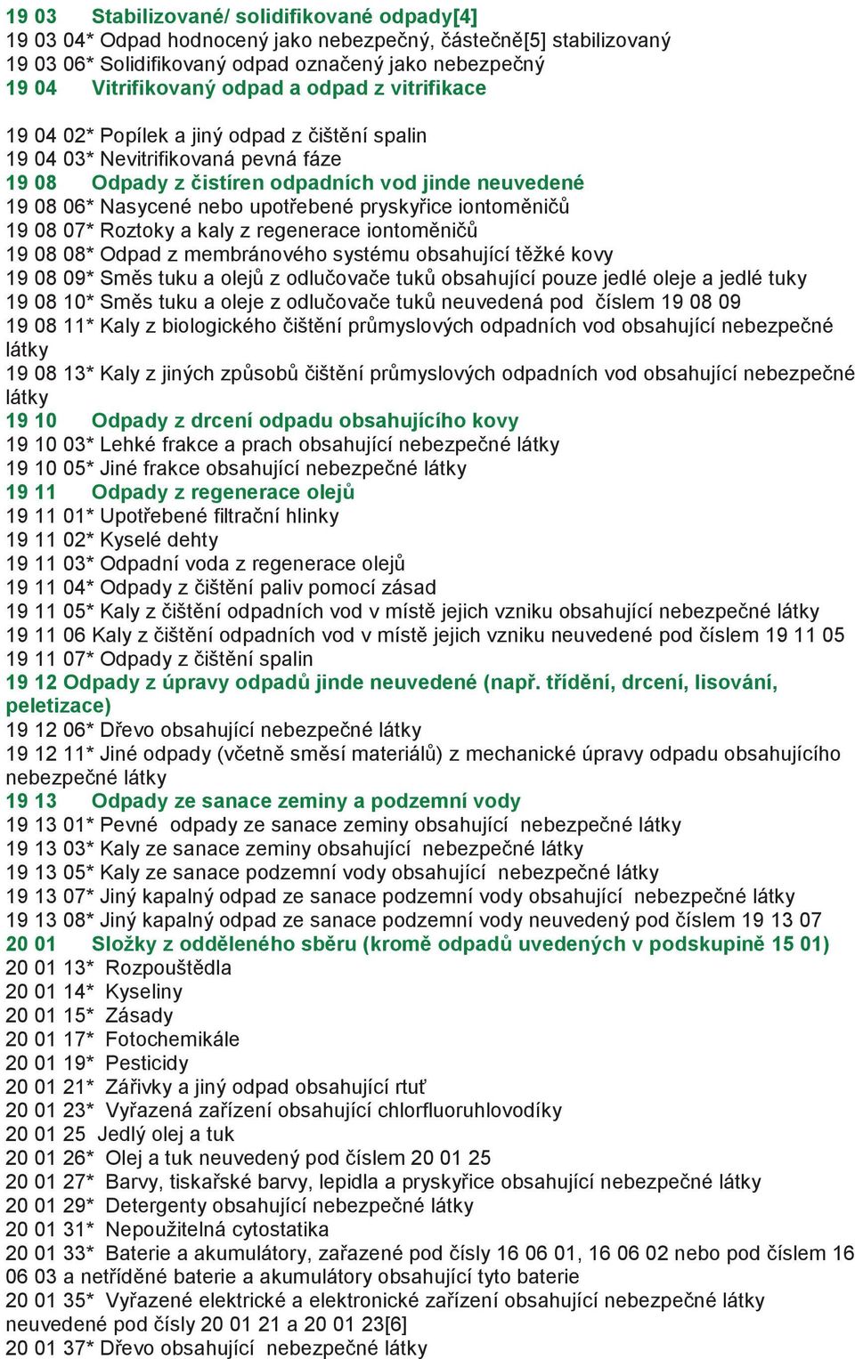 pryskyřice iontoměničů 19 08 07* Roztoky a kaly z regenerace iontoměničů 19 08 08* Odpad z membránového systému obsahující těžké kovy 19 08 09* Směs tuku a olejů z odlučovače tuků obsahující pouze