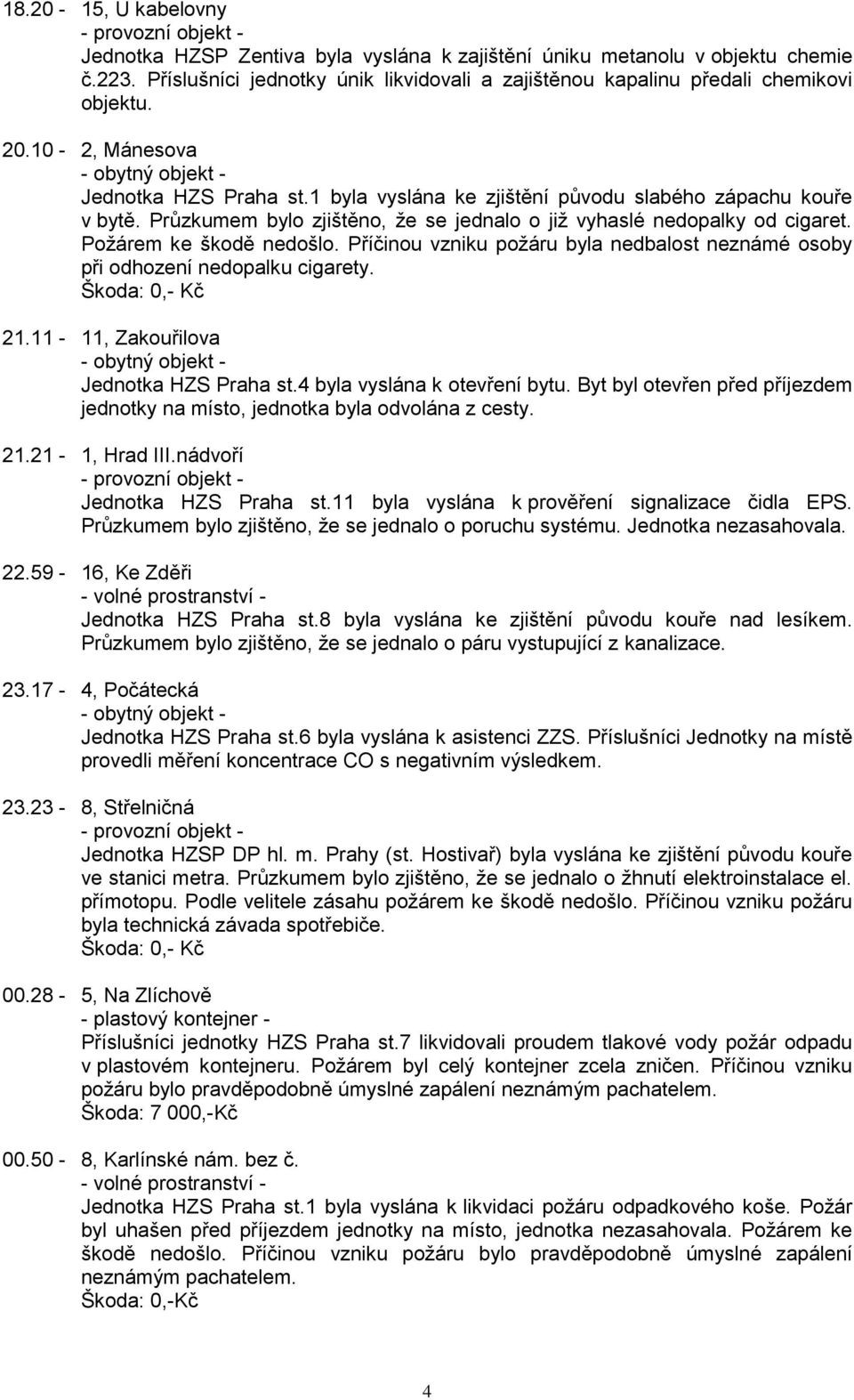 Poţárem ke škodě nedošlo. Příčinou vzniku poţáru byla nedbalost neznámé osoby při odhození nedopalku cigarety. Škoda: 0,- Kč 21.11-11, Zakouřilova Jednotka HZS Praha st.4 byla vyslána k otevření bytu.