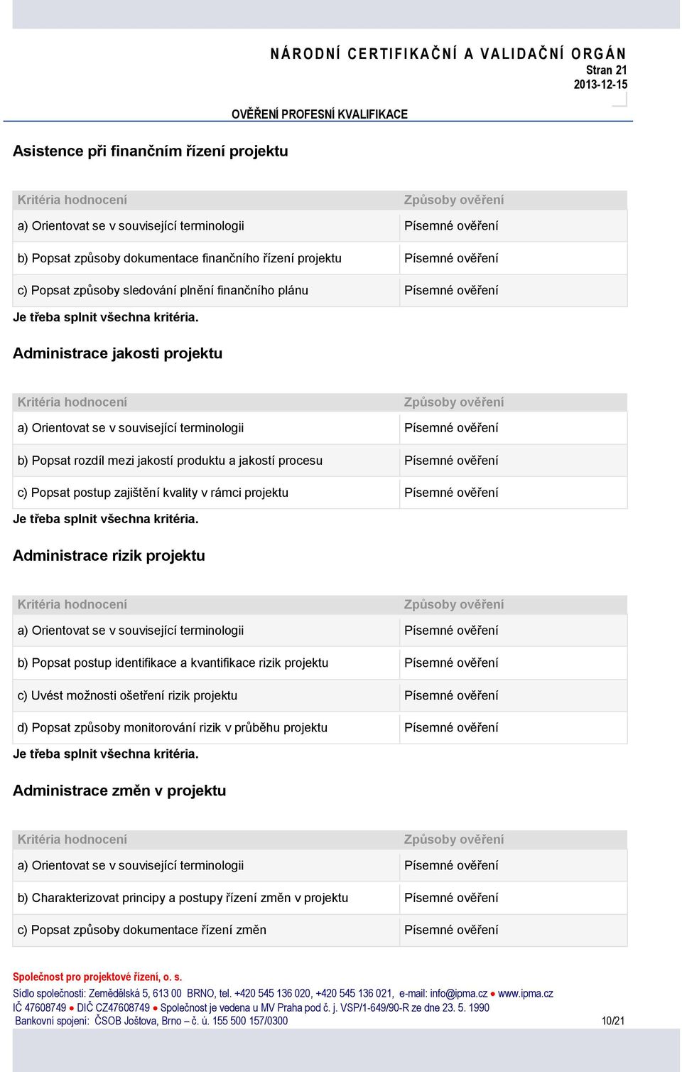 jakostí procesu Písemné c) Popsat postup zajištění kvality v rámci Písemné Administrace rizik a) Orientovat se v související terminologii Písemné b) Popsat postup identifikace a kvantifikace rizik