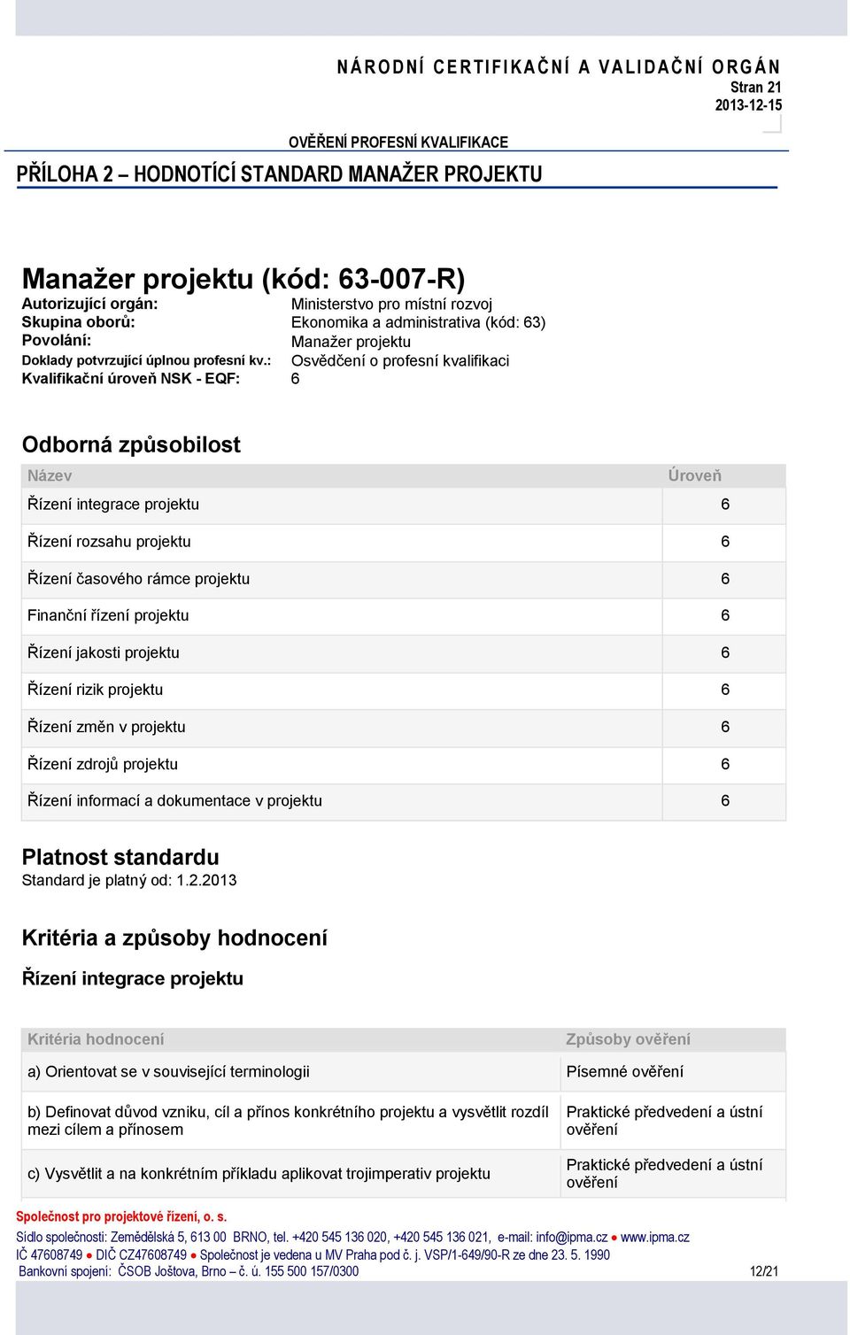 : Osvědčení o profesní kvalifikaci Kvalifikační úroveň NSK - EQF: 6 Odborná způsobilost Název Úroveň Řízení integrace 6 Řízení rozsahu 6 Řízení časového rámce 6 Finanční řízení 6 Řízení jakosti 6