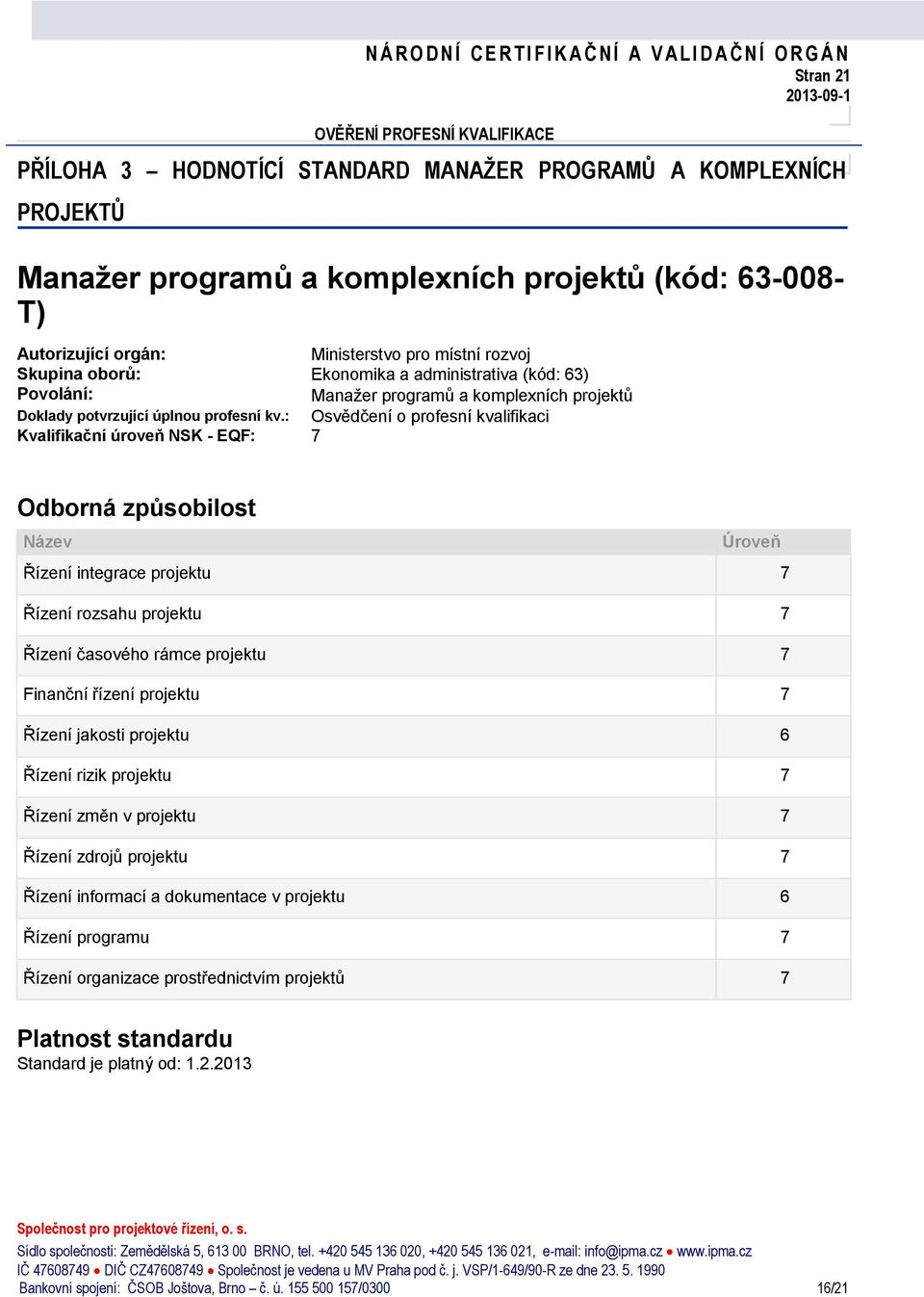 : Osvědčení o profesní kvalifikaci Kvalifikační úroveň NSK - EQF: 7 Odborná způsobilost Název Úroveň Řízení integrace 7 Řízení rozsahu 7 Řízení časového rámce 7 Finanční řízení 7 Řízení jakosti