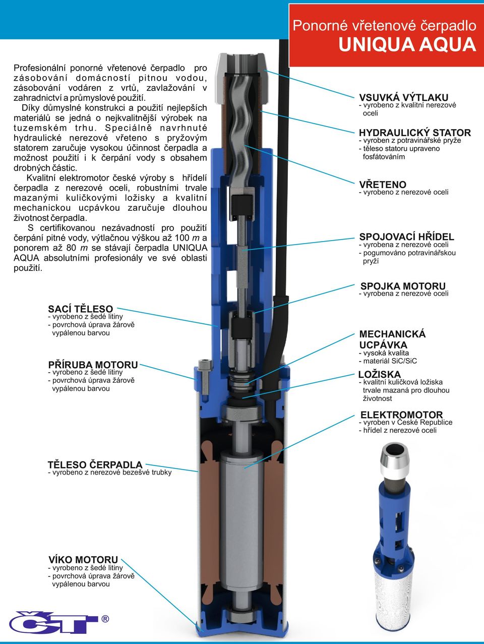 Speciálně navrhnuté hydraulické nerezové vřeteno s pryžovým statorem zaručuje vysokou účinnost čerpadla a možnost použití i k čerpání vody s obsahem drobných částic.