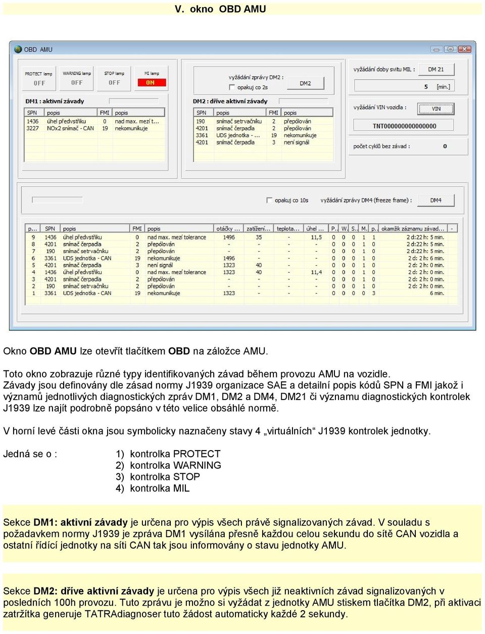 J1939 lze najít podrobně popsáno v této velice obsáhlé normě. V horní levé části okna jsou symbolicky naznačeny stavy 4 virtuálních J1939 kontrolek jednotky.