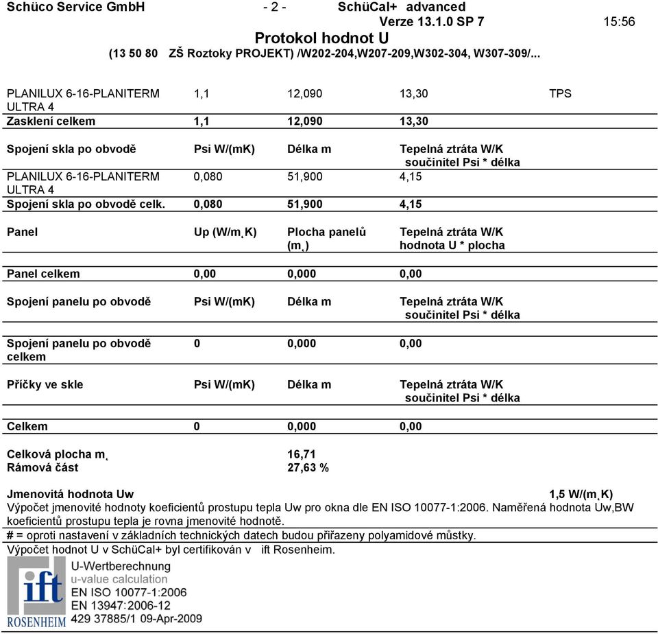 0,080 51,900 4,15 Panel Up (W/m K) Plocha panelů Panel celkem 0,0 Spojení panelu po obvodě Psi W/(mK) Délka m Spojení panelu po obvodě celkem Příčky ve skle Psi W/(mK) Délka m Celkem