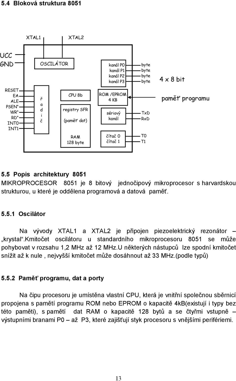 5 Popis architektury 8051 MIKROPROCESOR 8051 je 8 bitový jednočipový mikroprocesor s harvardskou strukturou, u které je oddělena programová a datová paměť. 5.5.1 Oscilátor Na vývody XTAL1 a XTAL2 je připojen piezoelektrický rezonátor krystal.