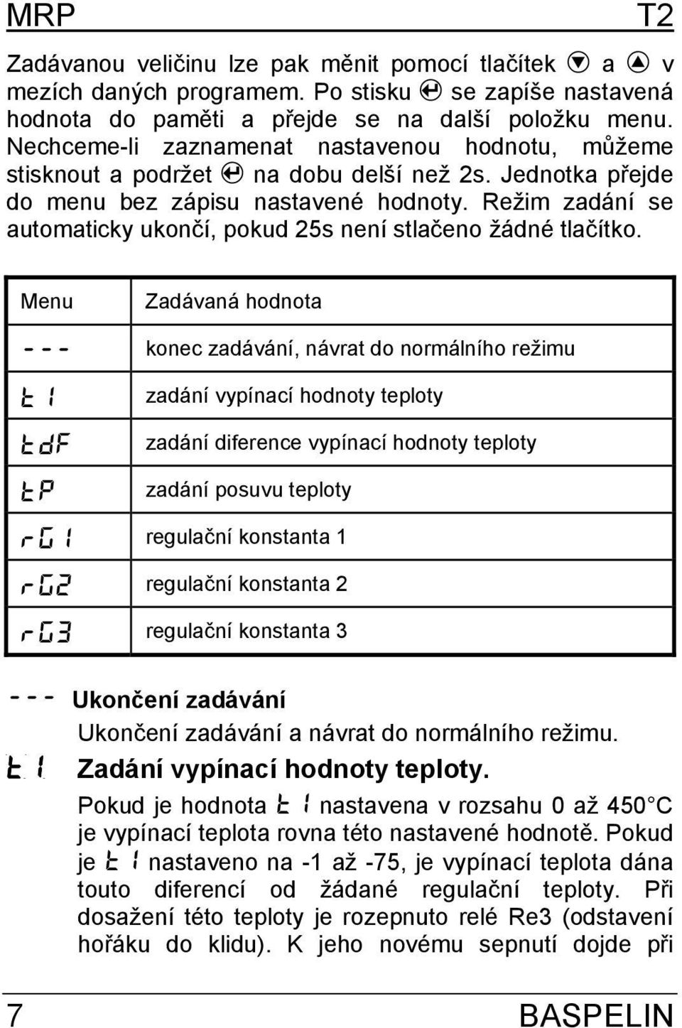 Režim zadání se automaticky ukončí, pokud 25s není stlačeno žádné tlačítko.