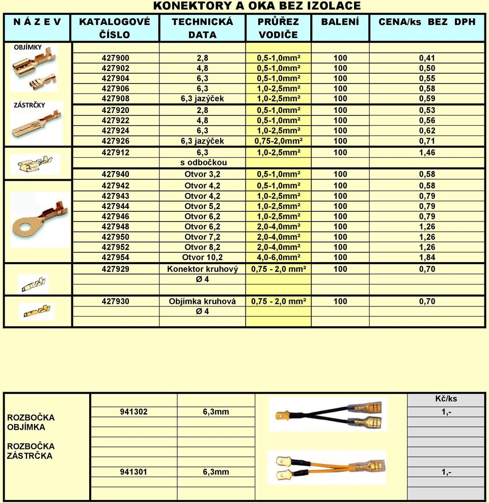 6,3 1,0-2,5mm² 100 1,46 s odbočkou 427940 Otvor 3,2 0,5-1,0mm² 100 0,58 427942 Otvor 4,2 0,5-1,0mm² 100 0,58 427943 Otvor 4,2 1,0-2,5mm² 100 0,79 427944 Otvor 5,2 1,0-2,5mm² 100 0,79 427946 Otvor 6,2