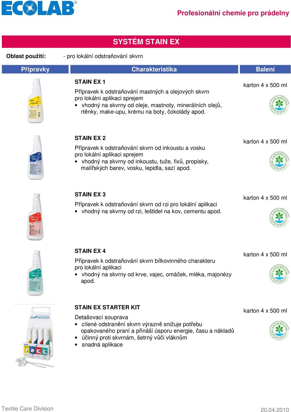 karton 4 x 500 ml STAIN EX 2 Přípravek k odstraňování skvrn od inkoustu a vosku pro lokální aplikaci sprejem vhodný na skvrny od inkoustu, tuže, fixů, propisky, malířských barev, vosku, lepidla, sazí