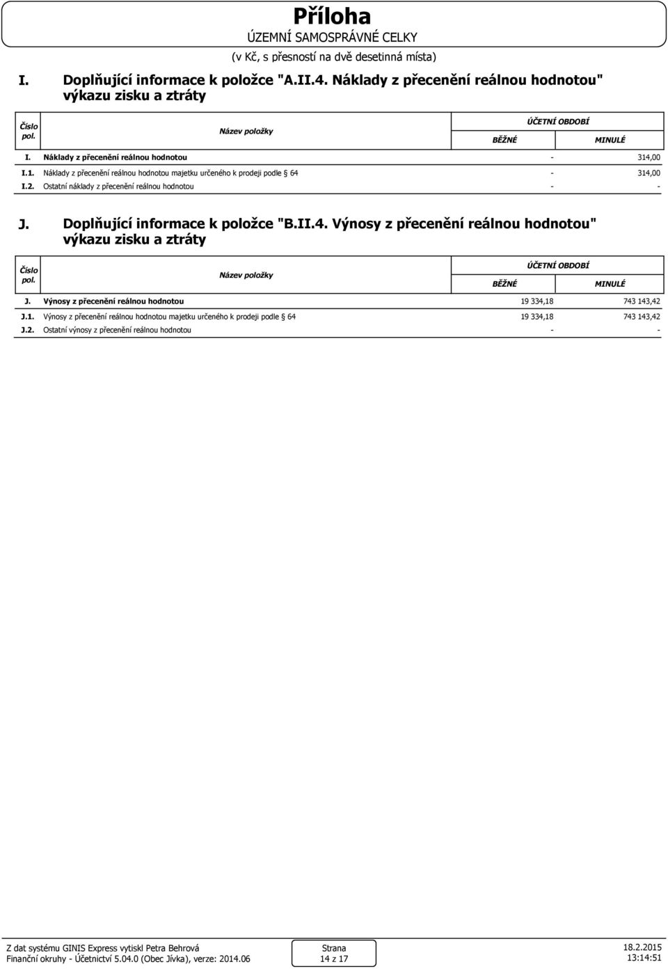 Doplňující informace k položce "B.II.4. Výnosy z přecenění reálnou hodnotou" výkazu zisku a ztráty BĚŽNÉ ÚČETNÍ OBDOBÍ MINULÉ J. J.1. J.2.